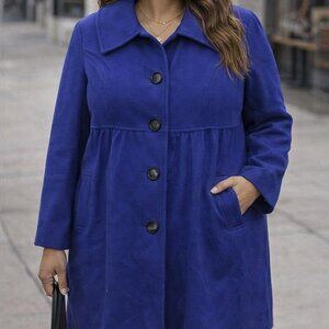 Penningtons size 1X (18) cobalt blue wool midi length jacket, button up front